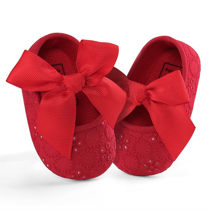 Estamico Baby Girls Princess Bowknot Soft Sole Cloth Crib Shoes Sneaker Red, 12-18 Months - Image 2